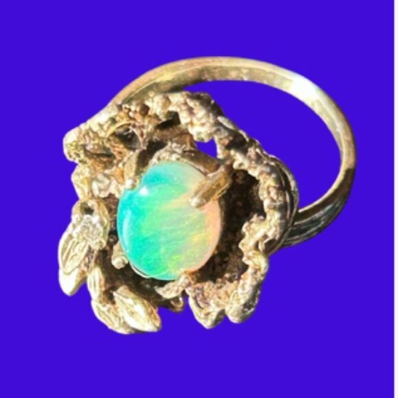 14K Genuine Opal Diamond Cocktail Ring Antiqued Cage Floral Motif Vintage Size 7 - Picture 4 of 17